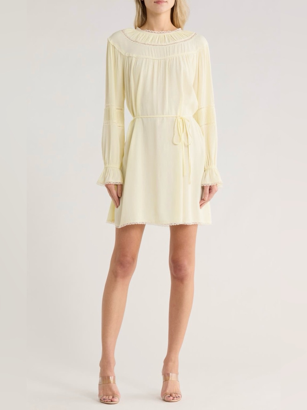 Wayf Lace Trim Long Sleeve Dress in Butter